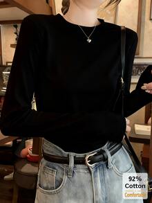 2pcs Women Solid Color Long Sleeve T-Shirt, Autumn/Winter, Versatile Slim Fit Undershirt Casual Spring - Black + Heather Gray - View 3