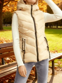 Women's Quilted Hooded Down Vest, Adjustable Drawstring Sleeveless Jacket - 杏色 - 查看 4