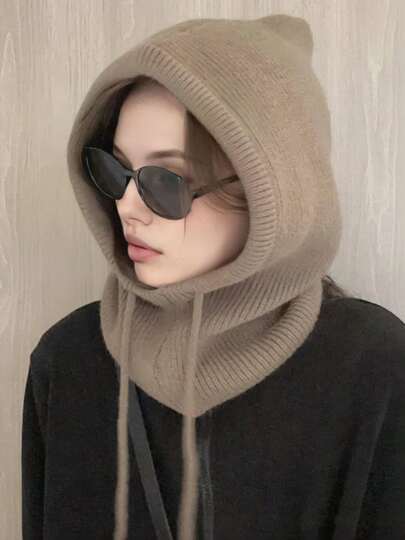 1件装女士灰色抽绳拉法帽，户外滑雪保暖针织面颈防护面罩斗篷，适合冬季