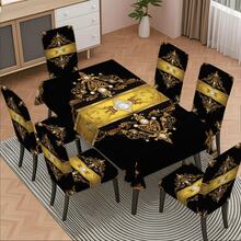 5-Piece/7-Piece Chair Cover And Tablecloth Set - Black And Gold Imperial Luxury Series - Baroque Pearl And Diamond Decorated Tablecloth And Chair Cover Set - Retro Luxury Home Textile Set; Rectangular Table And Chair Decoration, Elastic And Comfortable, Detachable For Washing, Suitable For Home And Party Decoration, Event Planning, Holiday Table Setting, Elegant Decoration, Flower Design, Detachable Cover, Comfortable Fit, Rectangular Tablecloth, Party Planner, Event Planner Elastic Tablecloth Set, Suitable For Dining Room, Living Room, Kitchen, Home Decoration. - 彩色 - 查看 10