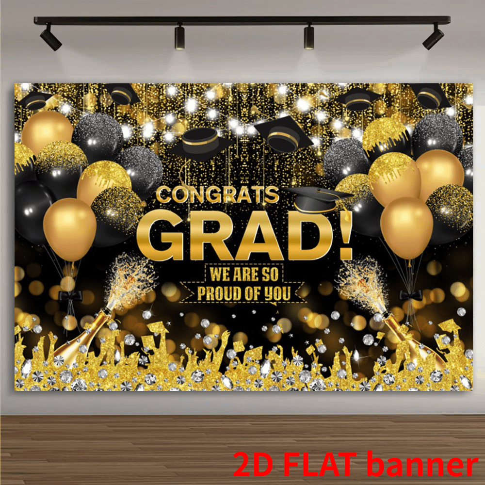 Cờ cửa nhà để xe tốt nghiệp 2D phẳng 1 trang nhã - Chúc mừng! TỐT NGHIỆP! Được thiết kế với bóng bay vàng và pháo hoa, chất liệu Polyester bền, thích hợp trang trí tiệc, phông nền chụp ảnh và sự kiện lễ hội, trang trí lễ hội ngoài trời, cờ lễ hội, cờ Polyester và trang trí tiệc tốt nghiệp
