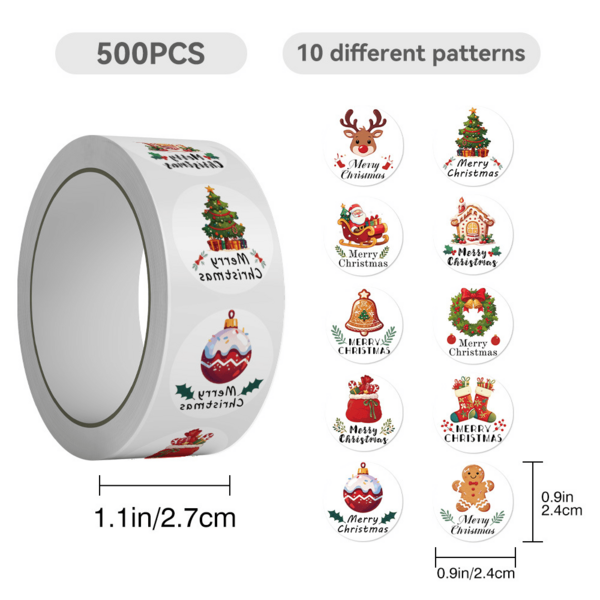 500PCS/Roll Christmas Festive Stickers - 10 Assorted Cute Cartoon Patterns (Santa/Christmas Tree/Elk/Gingerbread Man), Vibrant Red & Green Holiday Colors, Self-Adhesive Easy-Apply Decor Labels, Ideal For Gift Wrapping/Notebooks/Phone Cases & Christmas Party Atmosphere Decor