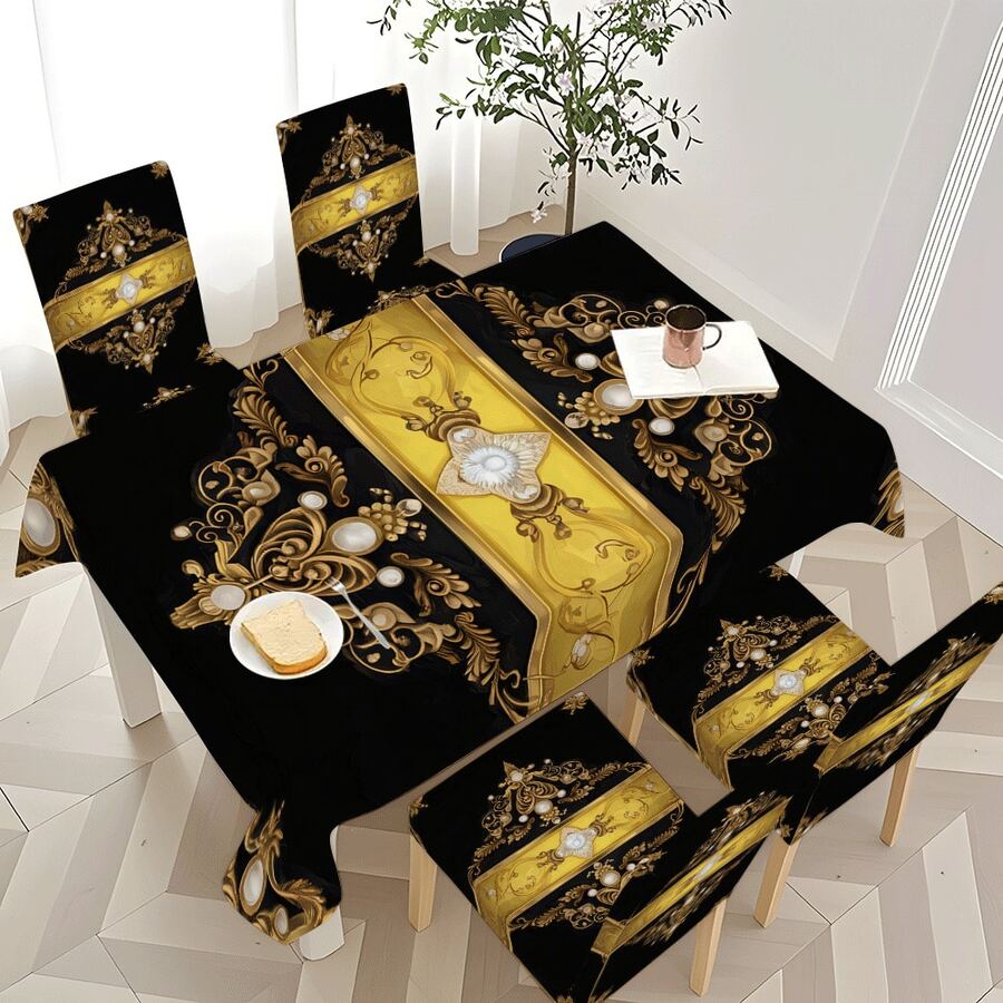 5-Piece/7-Piece Chair Cover And Tablecloth Set - Black And Gold Imperial Luxury Series - Baroque Pearl And Diamond Decorated Tablecloth And Chair Cover Set - Retro Luxury Home Textile Set; Rectangular Table And Chair Decoration, Elastic And Comfortable, Detachable For Washing, Suitable For Home And Party Decoration, Event Planning, Holiday Table Setting, Elegant Decoration, Flower Design, Detachable Cover, Comfortable Fit, Rectangular Tablecloth, Party Planner, Event Planner Elastic Tablecloth Set, Suitable For Dining Room, Living Room, Kitchen, Home Decoration. - 彩色 - 查看 1