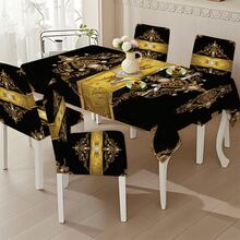 5-Piece/7-Piece Chair Cover And Tablecloth Set - Black And Gold Imperial Luxury Series - Baroque Pearl And Diamond Decorated Tablecloth And Chair Cover Set - Retro Luxury Home Textile Set; Rectangular Table And Chair Decoration, Elastic And Comfortable, Detachable For Washing, Suitable For Home And Party Decoration, Event Planning, Holiday Table Setting, Elegant Decoration, Flower Design, Detachable Cover, Comfortable Fit, Rectangular Tablecloth, Party Planner, Event Planner Elastic Tablecloth Set, Suitable For Dining Room, Living Room, Kitchen, Home Decoration. - 彩色 - 查看 2