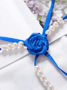 Quần lót nữ gợi cảm đính hạt ngọc trai giả, vòng trong suốt, họa tiết hoa, trang trí hoa, vật dụng thiết yếu cho bữa tiệc riêng tư, Giáng sinh, Năm mới 2026 - Màu xanh lam - Xem 3