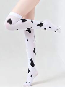 1 Pair - Women's Thigh High Socks, Cow & Sheep Print, Cosplay Stockings, Cute Cow Spot Print Pantyhose, Sexy Cow Spotted Over-The-Knee Socks, Animal Series Thigh High Socks - White - View 1