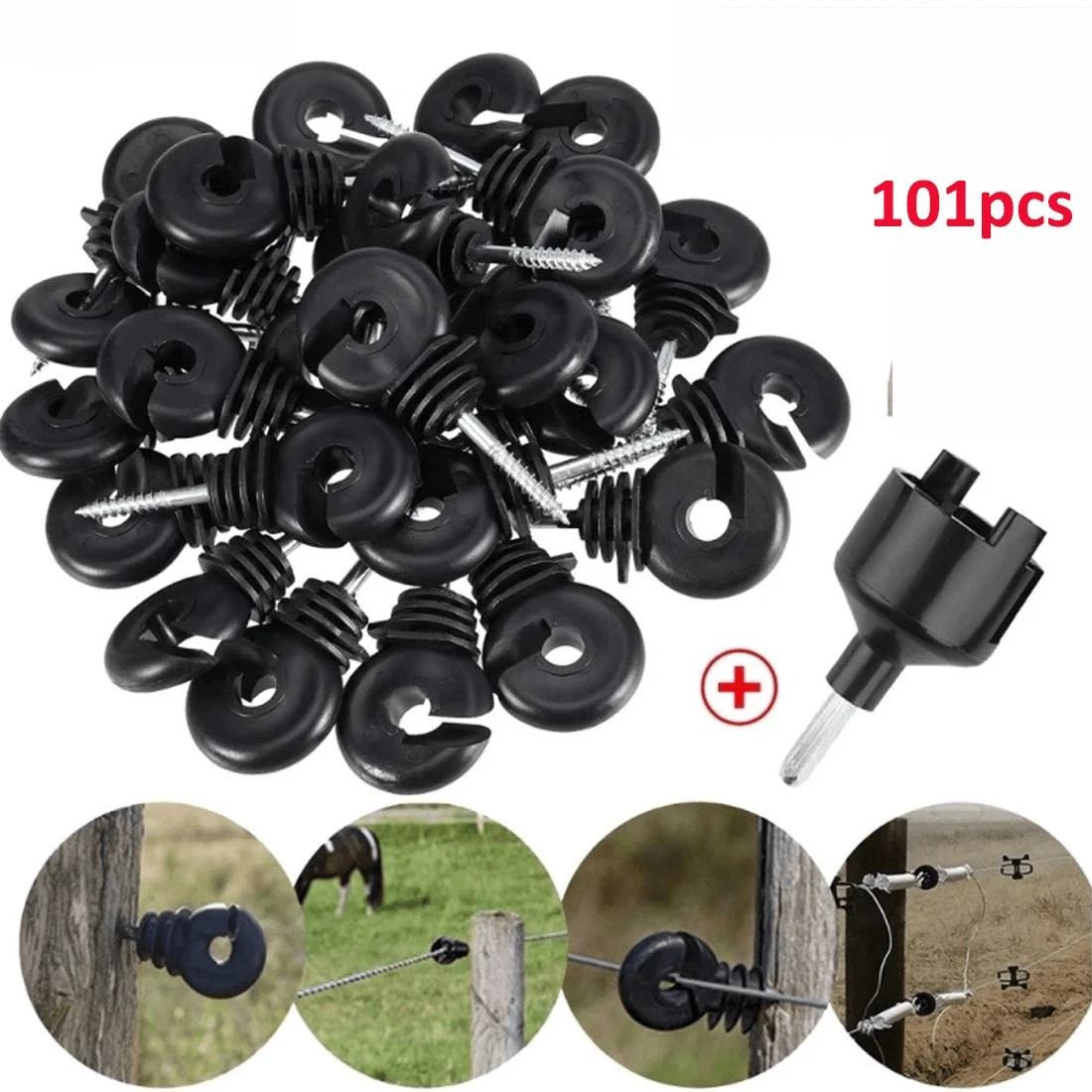100Pcs Ring Insulators Electric Fencing Fence Screw In Free Spinner Tool - Black - View 1