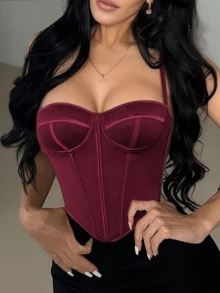 Apperloth A Y2K性感束胸露脐上衣，内置钢骨，适合户外穿着，网纱镂空系带露背设计，可调节肩带，塑形文胸，短款吊带背心，可爱上衣，适合锐舞派对、节日、情人节、音乐节、婚礼季等夏季场合。 - 酒紅色 - 查看 3