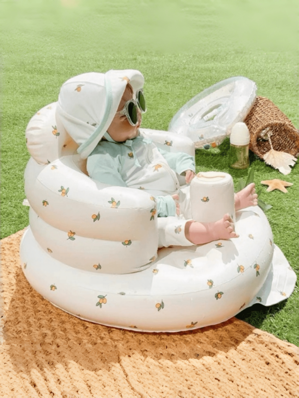 Bomba de aire inflable incorporada, silla inflable con diseño de conejito pastel suave, asiento portátil de piso con cojín y respaldo, adecuado para fotografía interior/exterior, viajes, fiestas de cumpleaños, fácil almacenamiento, compatible para bebés de 3-36 meses, diseño ligero
