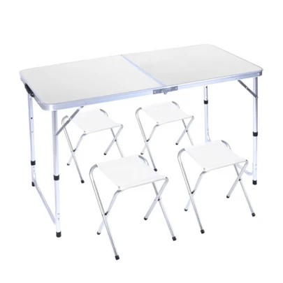 Mesa Dobrável Portátil Que Vira Maleta Alumínio 120cm Branca + 4 Banquinhos Dobráveis