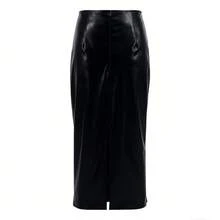 Women's PU Leather Skirt, Fashionable Commuter Zipper Slit French Elegant Fitted Maxi Skirt - Black - View 3