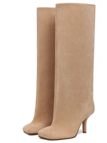 Women's Knee High Boots Slouchy Suede Stiletto Boots Kitten Heel  Wide-Calf Square Toe Long Boots Pull On Stiletto Heels Tall Boots For Women - 杏色 - 查看 2