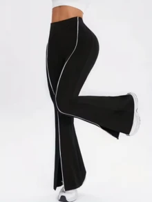 Classic Black Casual Pants With Contrasting White Side Stripes, High-Waisted Slim Fit With Slightly Flared Leg Design To Elongate The Legs, Stretchy Draping Fabric, Retro American Sports Style Suitable For Fitness, Shopping, Outings, Spring/Autumn, Vintage Sports Themed Parties, And Daily Wear. - Black - View 8