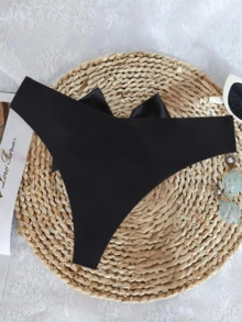Plus Sexy Elastic Bow Decor Thong - Black - View 3