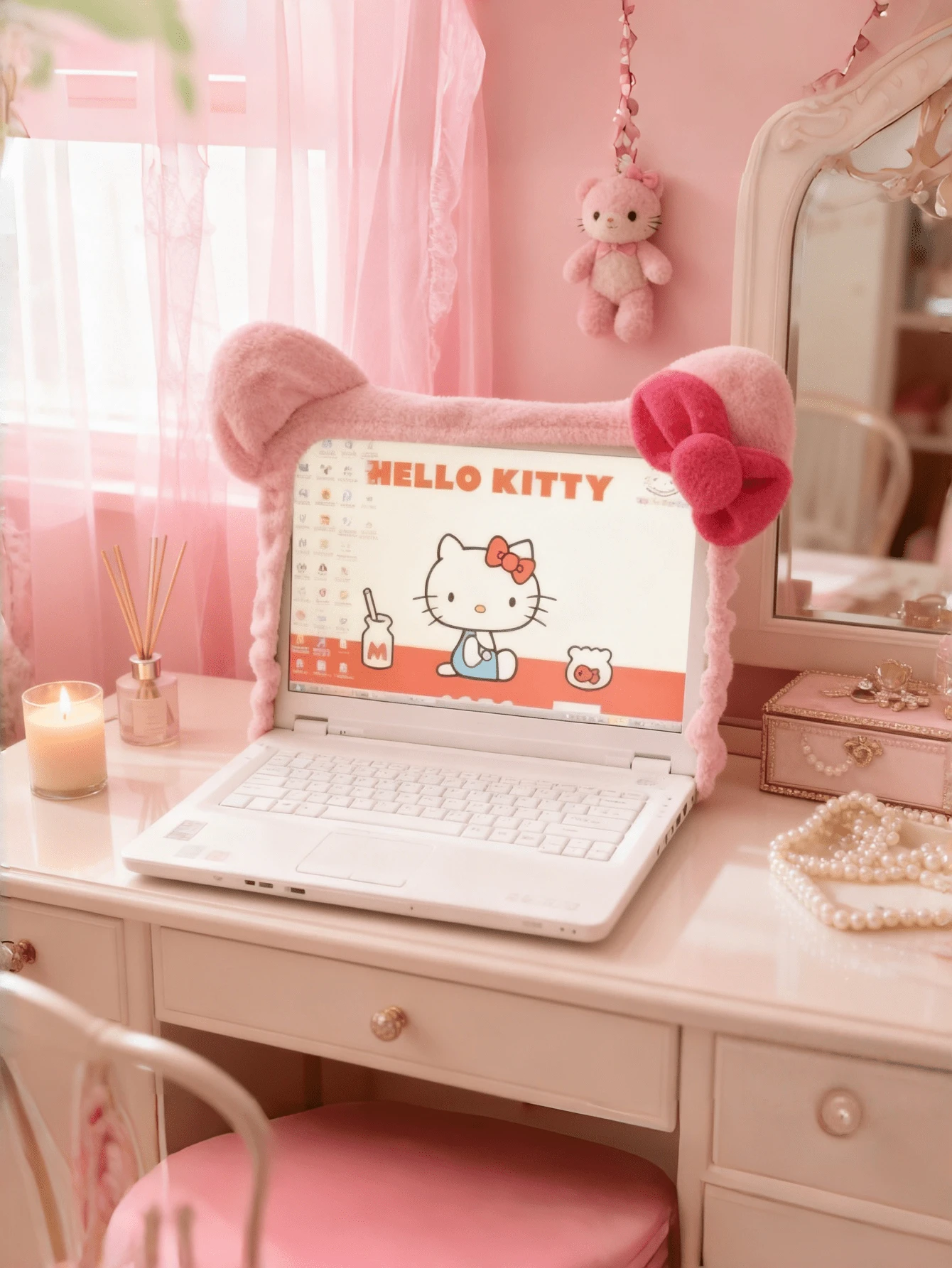 Sanrio 250cm Stretchy Cat Bow Tie LCD Monitor Dust Cover Protector Sleeve, Fits 18-32 Inch Displays