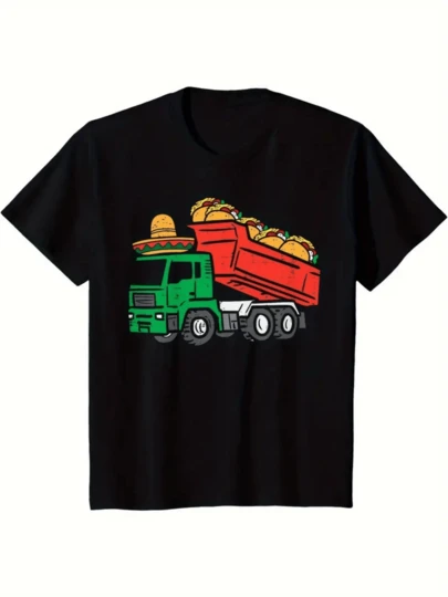 Camión verde y rojo transportando grandes tacos con sombrero mexicano celebrando la cultura gastronómica de México camiseta de hombre 100% algodón 220g cómoda y resistente ideal para uso diario y para amantes de la comida mexicana