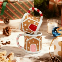 LECHENG HOUSEHOLD 1 Cup 1 Spoon, Gift Box, 400ml Christmas Ceramic Cookie House Mug, Red And Pink, Handmade Hand-Painted Mug, Coffee Cup, Water Cup, Decorative Cup, Hot Chocolate, Winter Cup, Thanksgiving, Christmas Gift, Christmas Eve Gift, Microwave/Dishwasher - Multicolor - View 8