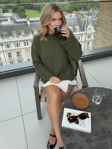 VIBEWAVE 新款绿色女式套头衫，厚实复古休闲风格打底针织上衣，秋冬 - 綠色 - 查看 1