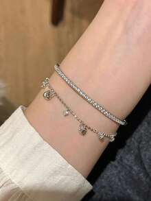 1件S925纯银心形钻石手链，女士奢华珠宝，优雅百搭，适合情人节、生日派对和日常佩戴。 - 愛心閃鑽手鍊 - 查看 3