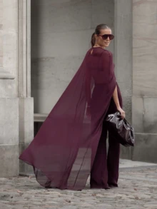 Women Mesh Sheer Half See-Through Tops Long Cape Poncho Cloak Crop Tops Lightweight Summer Shrug Bolero Batwing Sleeve Pullover  Y2k Clothes Cover Up Beachwear Going Outwear - 酒紅色 - 查看 2