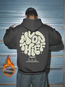 Men's Loose Fit Moon Thief Print Pocket Hoodie Sweatshirt, Autumn/Winter, Long Sleeve Top - Dark Grey - View 2