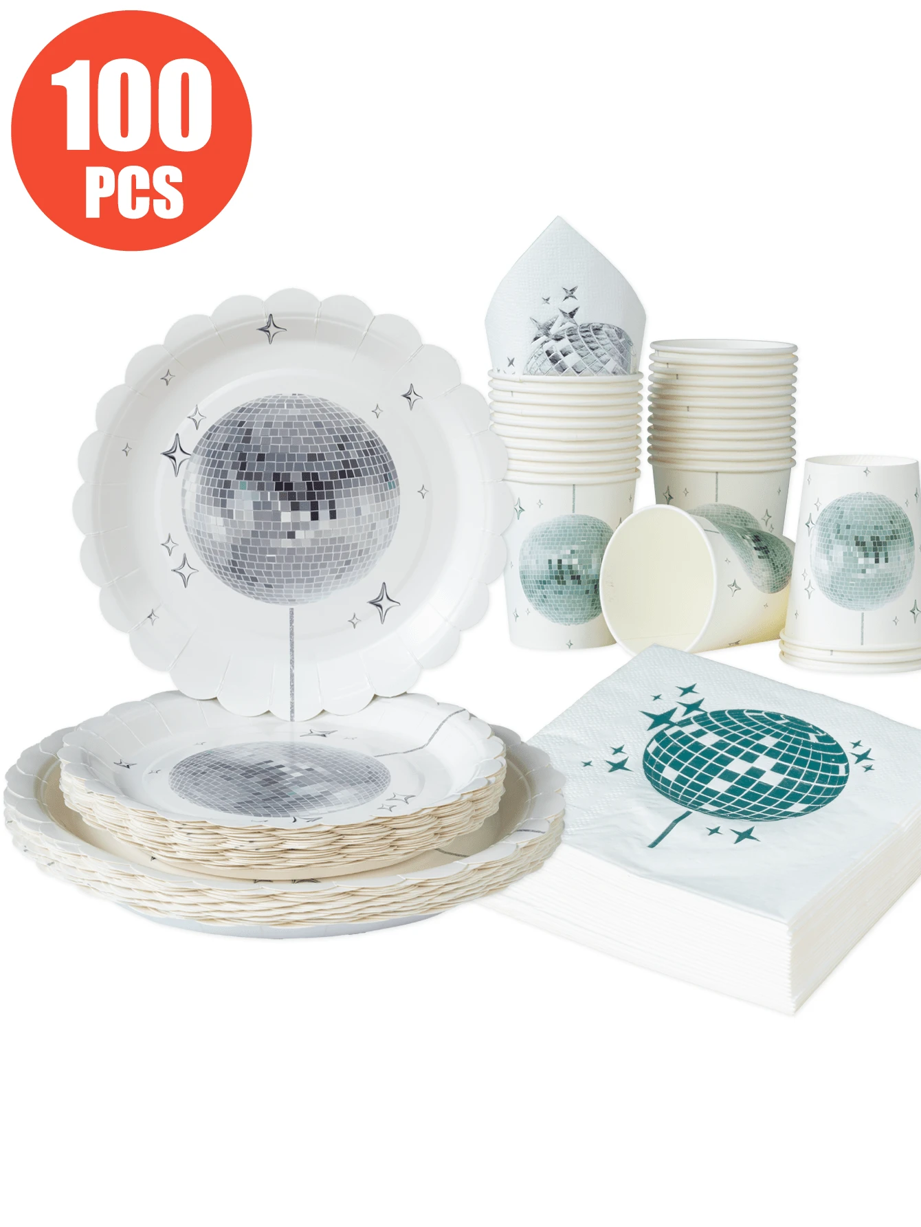 100/25/10pcs Silver Disco Ball Petal Shaped Disposable Plates Napkins Cups, Disco Ball Theme Plates Napkins And Cups Party Supplies, Suitable For 25 Guests, Disposable Paper Plates Party Tableware Suitable For Birthday Wedding Party Family Picnic - Multicolor - View 1