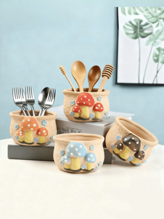 Colorful Mushroom Shaped Ceramic Storage Jar With Holes, Oval Storage Bucket Suitable For Home Organization, Kitchen Storage, Home Decor, Ornaments, Utensil Storage, Storage Bucket, Chopstick Holder