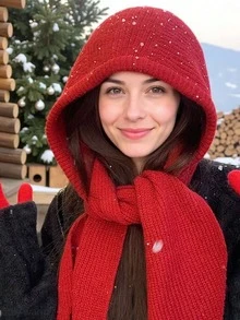 1pc Women Casual Solid Color Knitted Hooded Scarf Neck Warmer, Suitable For Autumn/Winter Everyday Outings And Travel For Dress - Multicolor - View 7