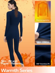 1 Set Women Navy Blue Turtleneck Thermal Underwear Set, Fashionable Design, Slim Fit, Warm & Comfortable, Elastic, Autumn/Winter Gift - Navy Blue - View 3