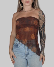 Women's Basic Translucent Tropical Floral Cropped Tube Top With Transparent Tulle, Strapless, Summer Style, Lining, Aitona - VŨ TRỤ - Xem 2