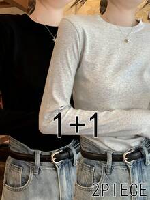 2pcs Women Solid Color Long Sleeve T-Shirt, Autumn/Winter, Versatile Slim Fit Undershirt Casual Spring - Black + Heather Gray - View 1