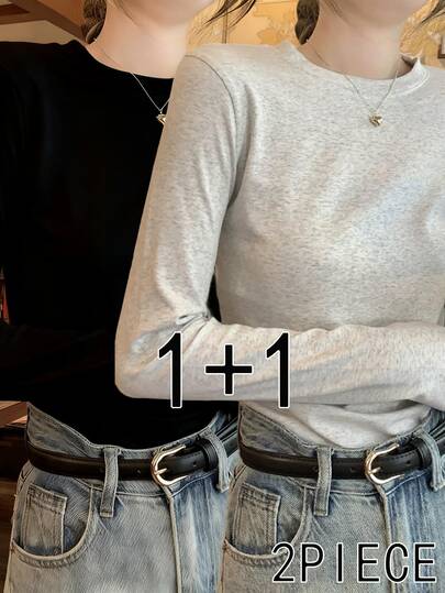 2件装女士纯色长袖T恤，秋冬季百搭修身打底衫，春季休闲款