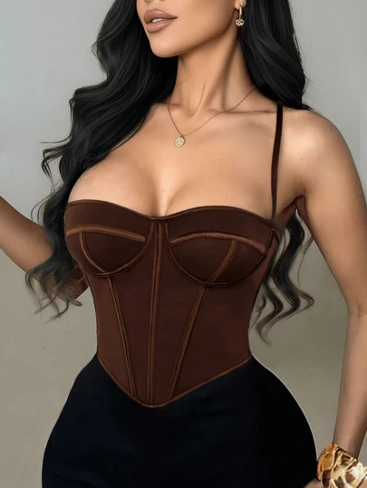 Apperloth A Corpiño sexy marrón estilo Y2K, diseño de espalda descubierta y encaje calado ajustable para mujer, sujetador moldeador, camiseta corta, adecuado para festivales de música, conciertos country, atuendos de rave