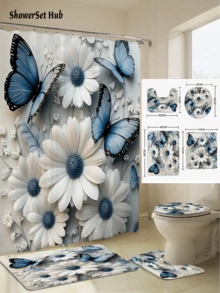 1/3/4件套蓝色蝴蝶和白色雏菊浴帘浴室套装，优雅花卉图案，防水耐磨，浴室装饰及配件，含12个挂钩 - 包括马桶盖套、浴垫和地毯，涤纶面料 - 可水洗 - 非常适合节日装饰、家居/卧室/住宅/西式/冬季装饰 - 彩色 - 查看 11