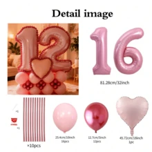 Juego de 43 piezas de columnas con globos con números en rosa, que incluye globos de papel de aluminio con números rosas de 32 pulgadas (81,28 cm), globos de látex redondos de color rosa macaron y rojo metálico, adecuado para decoración de aniversario, cumpleaños, nupcial, boda, graduación, vacaciones, fiesta