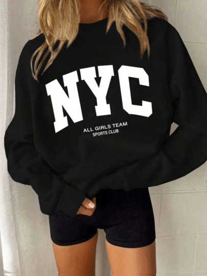 Women's Letter Print Drop Shoulder Long Sleeve Casual Regular Crew Neck Sweatshirt