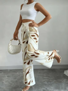 Wide-Leg Palazzo Pants With Pleated Waist, Made Of Fabric With Print, Sizes S M L - 卡其色和紅色 - 查看 2