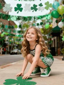 4-7 Years Old Girls' Summer Sleeveless Sequin Print Bodycon Dress, Soft Fabric, Party Style, Casual Everyday Wear, St. Patrick's Green - Green - View 3