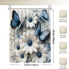 1/3/4件套蓝色蝴蝶和白色雏菊浴帘浴室套装，优雅花卉图案，防水耐磨，浴室装饰及配件，含12个挂钩 - 包括马桶盖套、浴垫和地毯，涤纶面料 - 可水洗 - 非常适合节日装饰、家居/卧室/住宅/西式/冬季装饰 - 彩色 - 查看 12