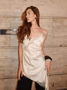 HZXVIC 女士新款纯色性感优雅蕾丝拼接缎面连衣裙 - 米色 - 查看 6