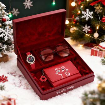 红色女士礼盒套装：心形手表 + 可爱猫咪钱包 + 时尚眼镜，完美的圣诞节、情人节、周年纪念礼物，送给女朋友、闺蜜