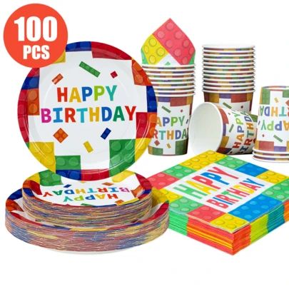 Piatti, tovaglioli e bicchieri monouso a tema compleanno con blocchi da costruzione colorati, adatti per 25 ospiti, stoviglie monouso in carta per compleanni, matrimoni, feste e picnic in famiglia