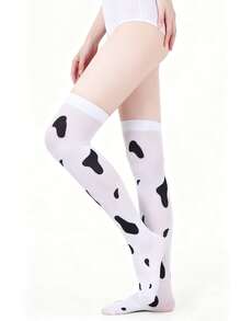 1 Pair - Women's Thigh High Socks, Cow & Sheep Print, Cosplay Stockings, Cute Cow Spot Print Pantyhose, Sexy Cow Spotted Over-The-Knee Socks, Animal Series Thigh High Socks - White - View 2