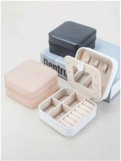 2025新款迷你便携PU皮首饰盒 - 多层隔层设计，可收纳耳环、项链、手链和戒指。旅行必备！防水防压拉链首饰收纳袋。项链、戒指和耳环一体化便携盒。