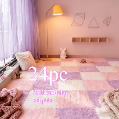 24pc Inspired Interlocking Carpet Pads, Easy To Clean, Square Pattern, Non-Slip EVA Backing, Protective Floor Tiles, Exercise Mat, For Bedroom, Living Room, Game Room, Rental Transformation, And Balconyn.
