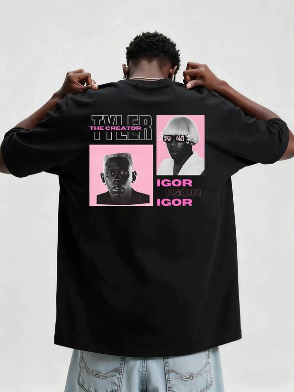 Representa a  en su era Igor con cabello rubio y gafas de sol con frases emocionales. Simboliza su audaz transformación y la narrativa profunda del álbum. camiseta de hombre 220g