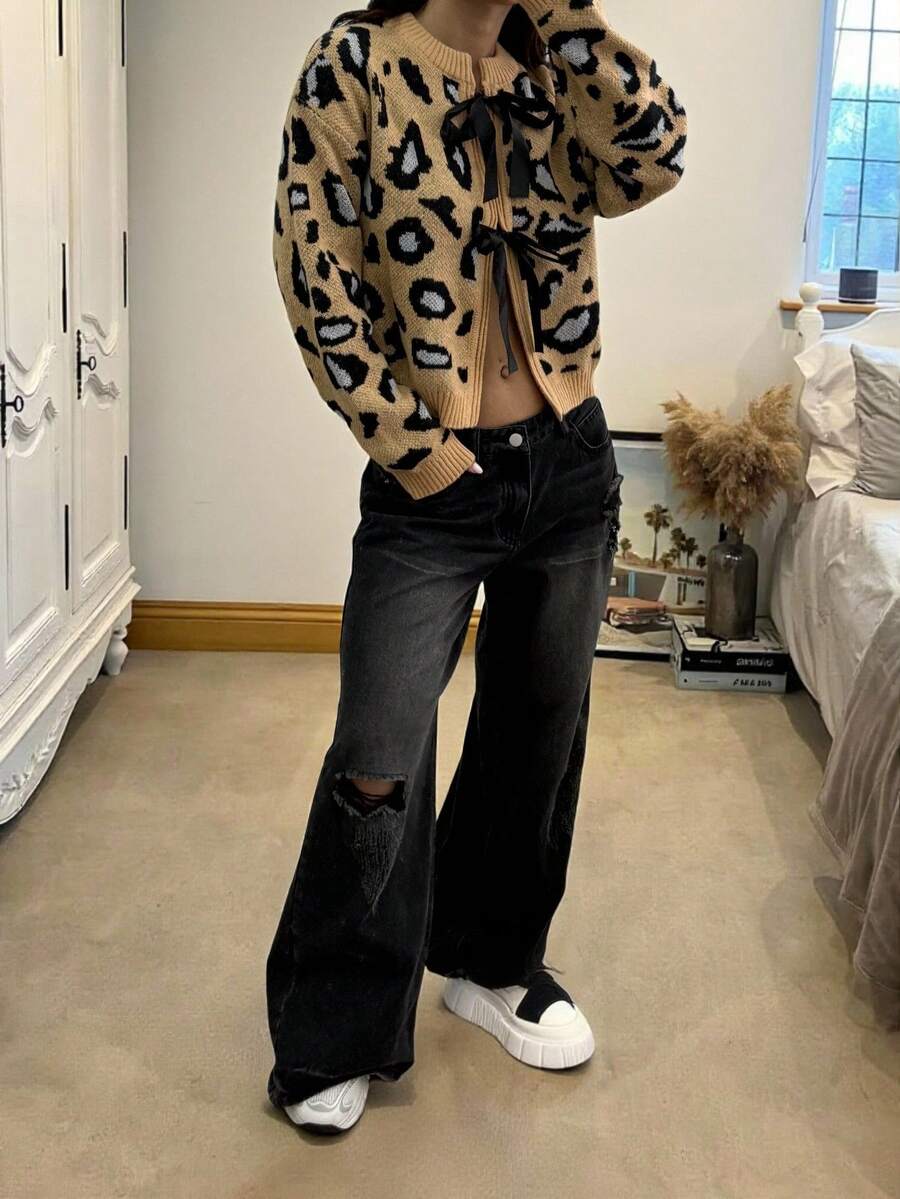 FOR BEAUTY Autumn/Winter New Fashion Leopard Print Tie Bow Knitted Cardigan Women Short Colorblock Sweater Jacket, New Year - Khaki - View 1