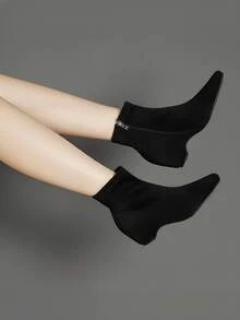 Round Toe High Heel Side Zipper Short Boots, Women Fashion Ankle Boots - Black - View 4