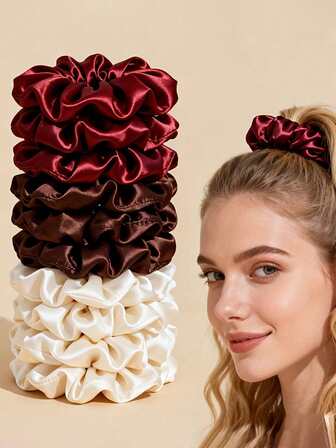 10个经典黑白棕色高档猪肠发圈，丸子头固定器，适合日常佩戴、旅行、海滩、送礼