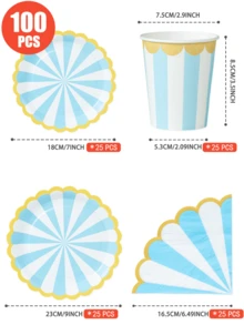Blue & White Striped Petal-Shaped Disposable Plates, Napkins, Cups - Party Supplies For 25 Guests, Disposable Paper Plates Suitable For Birthday, Wedding, Party, Family Picnic - Multicolor - View 2